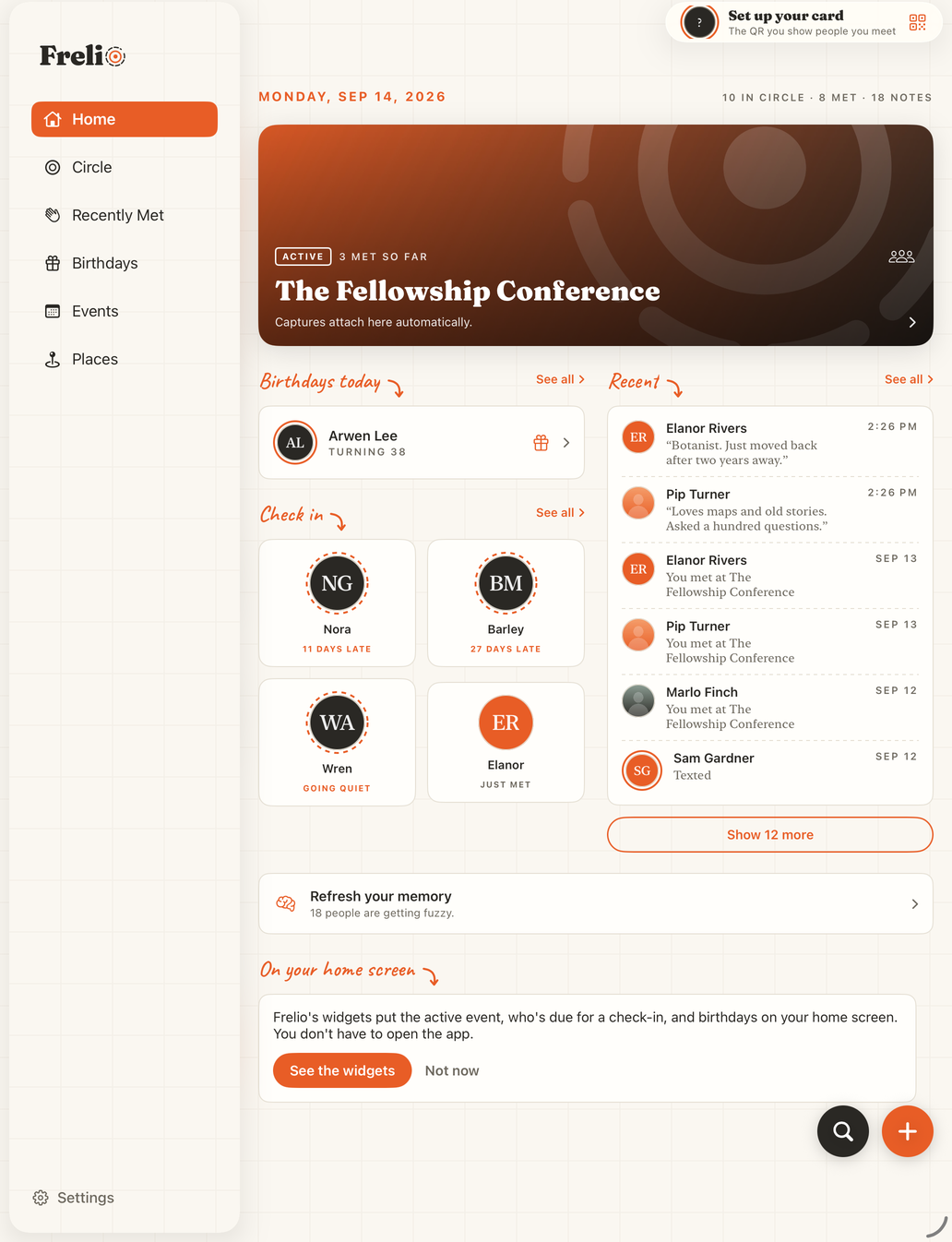 Frelio Home on an iPad: birthdays, check-ins and the story so far
